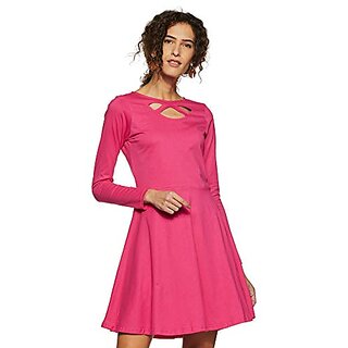 Exclusive Women Miss Chase Womens Maroon Solid Full Sleeve Round Cut-Out Neck Mini Skater Dress 