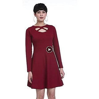 Exclusive Women Miss Chase Womens Maroon Solid Full Sleeve Round Cut-Out Neck Mini Skater Dress 