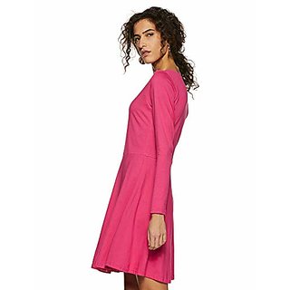 Exclusive Women Miss Chase Womens Maroon Solid Full Sleeve Round Cut-Out Neck Mini Skater Dress 