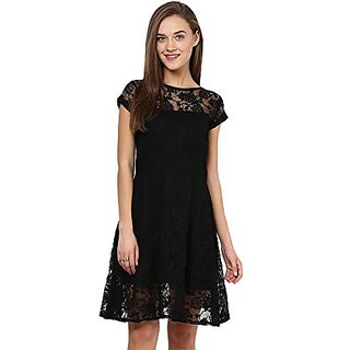 New Women Miss Chase Womens Black Round Neck Cap Sleeves Low Back Lace Skater Dress 2025 at Shop