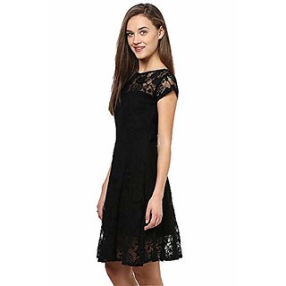 New Women Miss Chase Womens Black Round Neck Cap Sleeves Low Back Lace Skater Dress 2025 at Shop