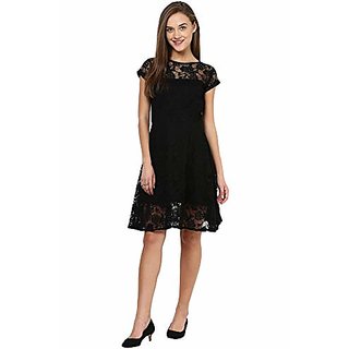 New Women Miss Chase Womens Black Round Neck Cap Sleeves Low Back Lace Skater Dress 2025 at Shop