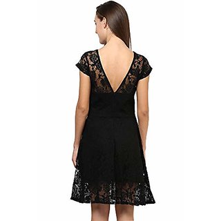 New Women Miss Chase Womens Black Round Neck Cap Sleeves Low Back Lace Skater Dress 2025 at Shop