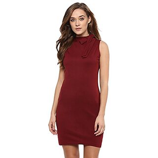 Affordable Women Miss Chase Womens Maroon Solid Sleeveless Round Neck Mini Bodycon Dress 2025 at