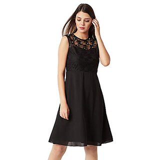 Premium Women Miss Chase Womens Black Round Neck Sleeveless Solid Paneled Lace and Pearl Detaili