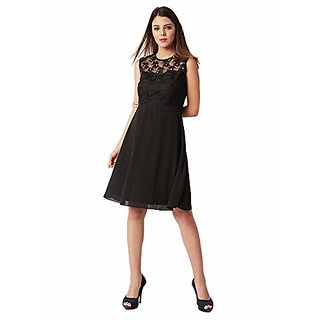 Premium Women Miss Chase Womens Black Round Neck Sleeveless Solid Paneled Lace and Pearl Detaili