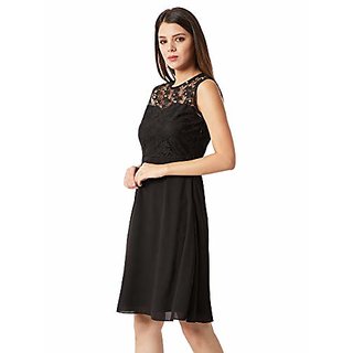 Premium Women Miss Chase Womens Black Round Neck Sleeveless Solid Paneled Lace and Pearl Detaili