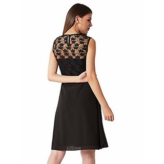 Premium Women Miss Chase Womens Black Round Neck Sleeveless Solid Paneled Lace and Pearl Detaili