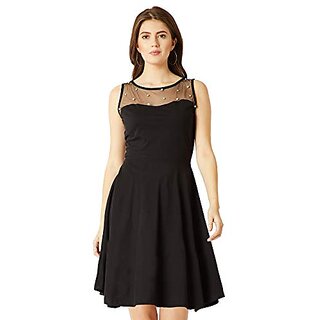 Modern Women Miss Chase Womens Black Round Neck Sleeveless Cotton Solid Sheer and Pearl Detailin