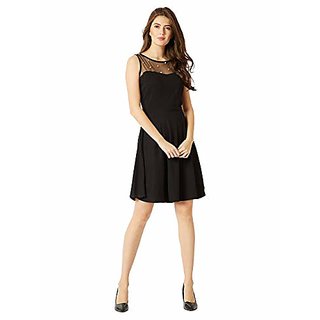 Modern Women Miss Chase Womens Black Round Neck Sleeveless Cotton Solid Sheer and Pearl Detailin