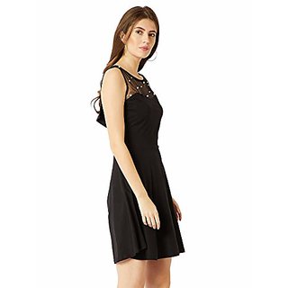 Modern Women Miss Chase Womens Black Round Neck Sleeveless Cotton Solid Sheer and Pearl Detailin