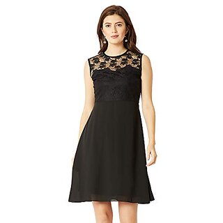New Women Miss Chase Womens Black Round Neck Sleeveless Solid Mini Lace Skater Dress 2025 at Sho