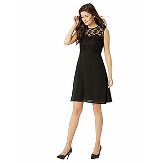 New Women Miss Chase Womens Black Round Neck Sleeveless Solid Mini Lace Skater Dress 2025 at Sho