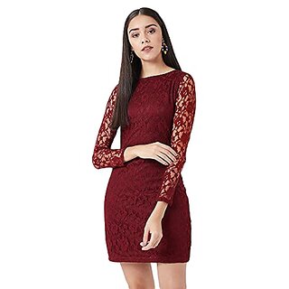 Affordable Women Miss Chase Womens Maroon Round Neck Full Sleeves Lace Bodycon Mini Dress 2025 a