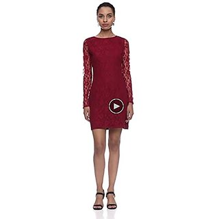 Affordable Women Miss Chase Womens Maroon Round Neck Full Sleeves Lace Bodycon Mini Dress 2025 a