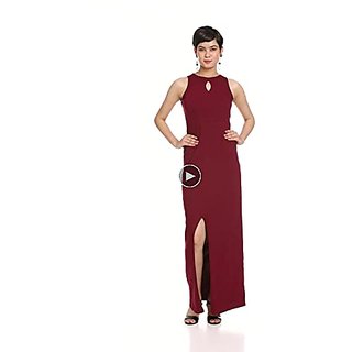 Best Women Miss Chase Womens Maroon Round Neck Sleeveless Cut-Out Front Slit Slim Fit Bodycon Ma