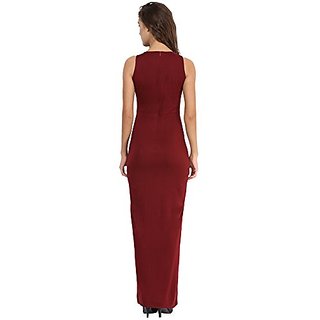 Best Women Miss Chase Womens Maroon Round Neck Sleeveless Cut-Out Front Slit Slim Fit Bodycon Ma