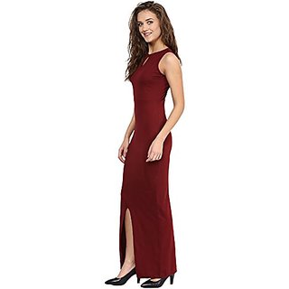 Best Women Miss Chase Womens Maroon Round Neck Sleeveless Cut-Out Front Slit Slim Fit Bodycon Ma