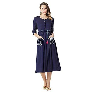Chic Women Miss Chase Womens Navy Blue Round Neck 3/4 Sleeve Belted Solid Gathered Midi Dress 20
