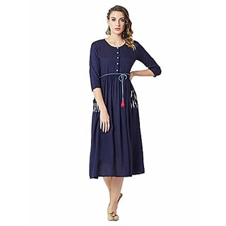 Chic Women Miss Chase Womens Navy Blue Round Neck 3/4 Sleeve Belted Solid Gathered Midi Dress 20