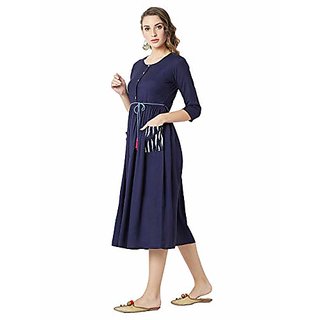 Chic Women Miss Chase Womens Navy Blue Round Neck 3/4 Sleeve Belted Solid Gathered Midi Dress 20