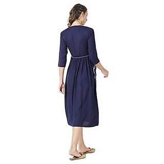 Chic Women Miss Chase Womens Navy Blue Round Neck 3/4 Sleeve Belted Solid Gathered Midi Dress 20