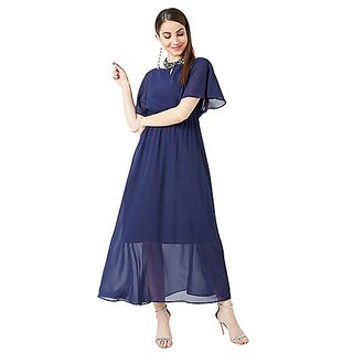 Elegant Women Miss Chase Womens Navy Blue Flared Solid Embellished Gathered Maxi Dress 2025 at S