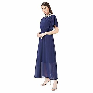 Elegant Women Miss Chase Womens Navy Blue Flared Solid Embellished Gathered Maxi Dress 2025 at S