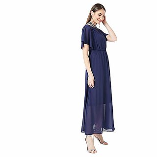 Elegant Women Miss Chase Womens Navy Blue Flared Solid Embellished Gathered Maxi Dress 2025 at S