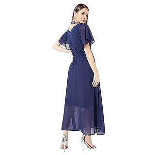 Elegant Women Miss Chase Womens Navy Blue Flared Solid Embellished Gathered Maxi Dress 2025 at S