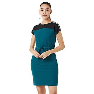 Affordable Women Miss Chase Womens Green and Black Round Neck Continuous Sleeve Solid Paneled Kn