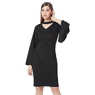 Latest Women Miss Chase Womens Black V-Neck Flared Sleeve Solid Bodycon Knee-Long Dress 2025 at 