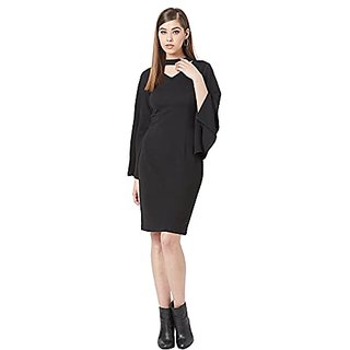 Latest Women Miss Chase Womens Black V-Neck Flared Sleeve Solid Bodycon Knee-Long Dress 2025 at 