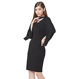 Latest Women Miss Chase Womens Black V-Neck Flared Sleeve Solid Bodycon Knee-Long Dress 2025 at 