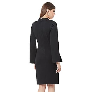 Latest Women Miss Chase Womens Black V-Neck Flared Sleeve Solid Bodycon Knee-Long Dress 2025 at 