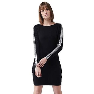 Top Women Miss Chase Womens Black Cotton Round Neck Full Sleeves Solid Sequined Mini Glitter Bod