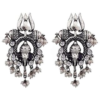 Celebrity Inspired Oxidised Silver Trishul Ganesh Stud Earring For Women and Girls - Earrings | Buy online on ZillyBuy