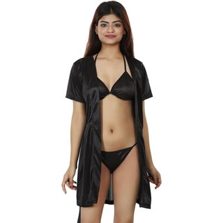 Best Women Nivcy Women Solid Satin Nightwear Robe and Lingerie Set Black Small 2025 at ShopCircu