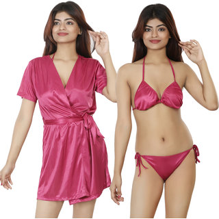 Premium Women Nivcy Women Solid Satin Nightwear Robe and Lingerie Set Dark Pink Small 2025 at Sh