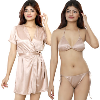 Nivcy Women Solid Satin Nightwear Robe and Lingerie Set Beige Small