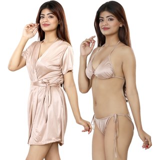 Nivcy Women Solid Satin Nightwear Robe and Lingerie Set Beige Small