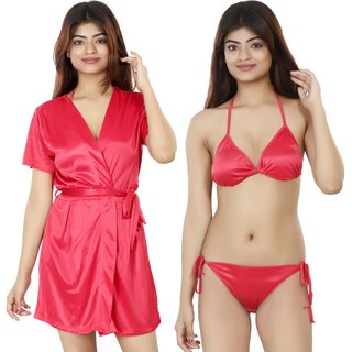 Sophisticated Women Nivcy Women Solid Satin Nightwear Robe and Lingerie Set True Red Small 2025 