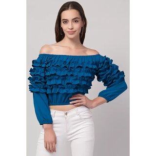 Crockoset Casual Regular Sleeves Printed Women Blue Top