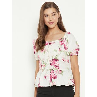 Trendy Women PURYS Women White Printed Peplum Top 2025 at ShopCircuit | ONDC