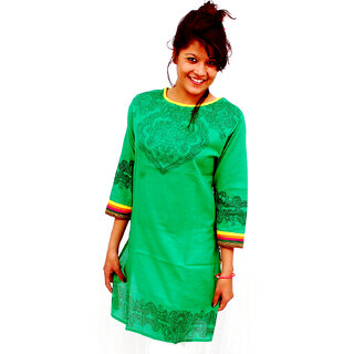 The Mini Needle Green Cotton Geometric Stitched Kurti For Women - Kurtas & Kurta Sets | Buy online on ZillyBuy