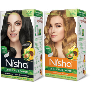 Nisha Creme Hair Color (60gm + 60ml + 18ml Conditioner for Each) Combo Pack Of Natural black & Honey Blonde Nisha Creme Hair Color (60gm + 60ml + 18ml Conditioner for Each) Combo Pack Of Natural black & Honey Blonde