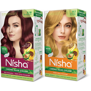 Nisha Pack 3. Honey Blonde (60gm + 90ml + 18ml Conditioner) , 3.16 Burgundy + 7.3 Honey Blonde Nisha Pack 3. Honey Blonde (60gm + 90ml + 18ml Conditioner) , 3.16 Burgundy + 7.3 Honey Blonde