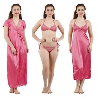 Kismat Fashion Sexy & Stylish Women Long Robe With Nighty & Bra With Panty Set