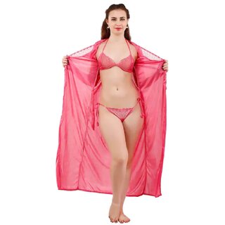 Kismat Fashion Sexy & Stylish Women Long Robe With Nighty & Bra With Panty Set
