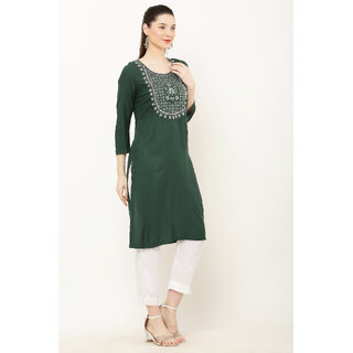Vivient Women Dark Green Embroidered Kurti with White Pant Set